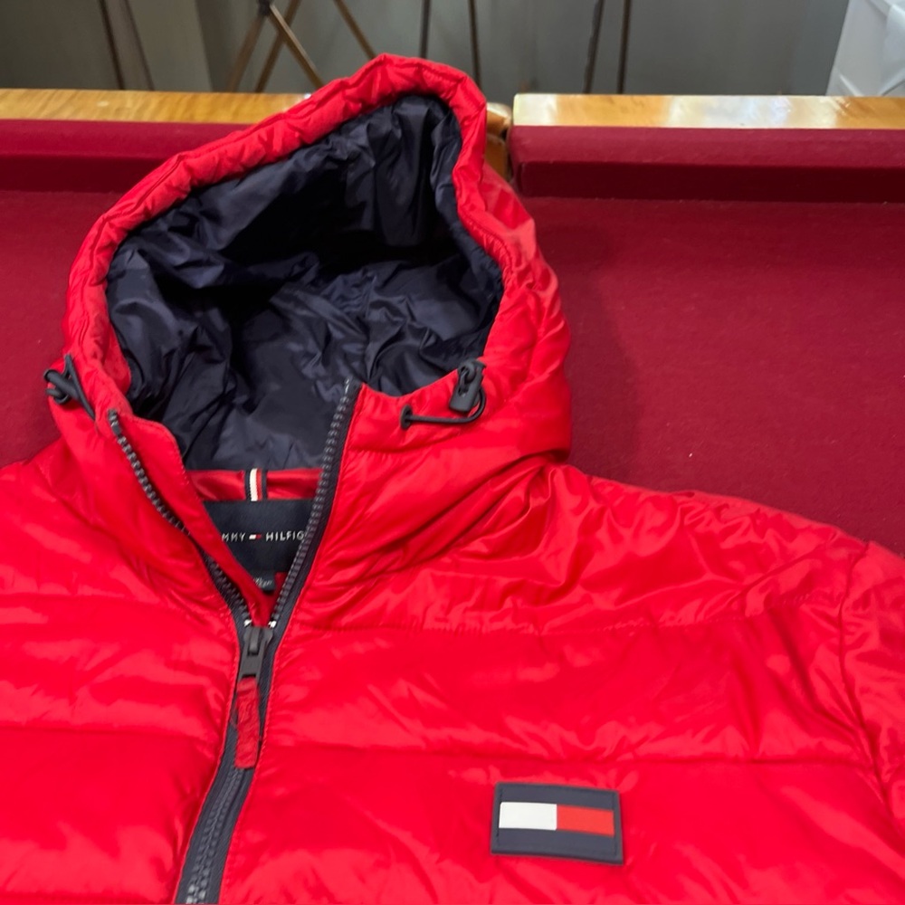90s TOMMY HILFIGER JACKET Primaloft Red Blue WHITE Quilted Hooded Puffer coat 2X - Picture 12 of 16